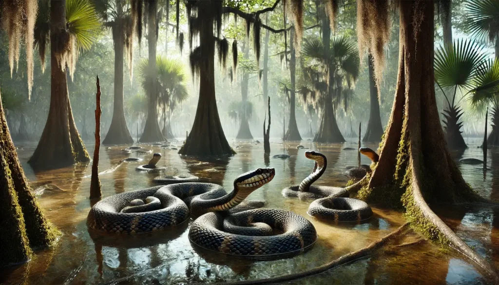 Un nuevo y poderoso depredador ataca a las pitones birmanas en los Everglades de Florida 2 DALL·E 2024 11 11 15.36.26 A realistic scene of cottonmouth snakes Agkistrodon piscivorus in a natural Everglades setting in Miami Dade County Florida. The swampy landscape i 1