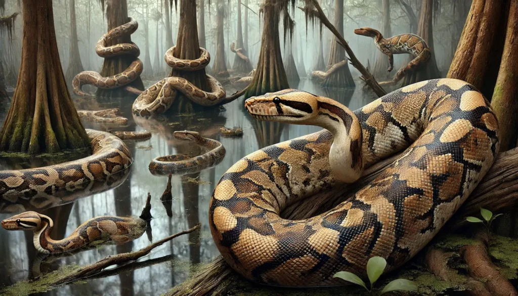 Un nuevo y poderoso depredador ataca a las pitones birmanas en los Everglades de Florida 1 DALL·E 2024 11 11 15.56.26 Realistic images of Burmese pythons in their natural habitat focusing on their large muscular bodies with brown and tan patterns. The scene is set i 1