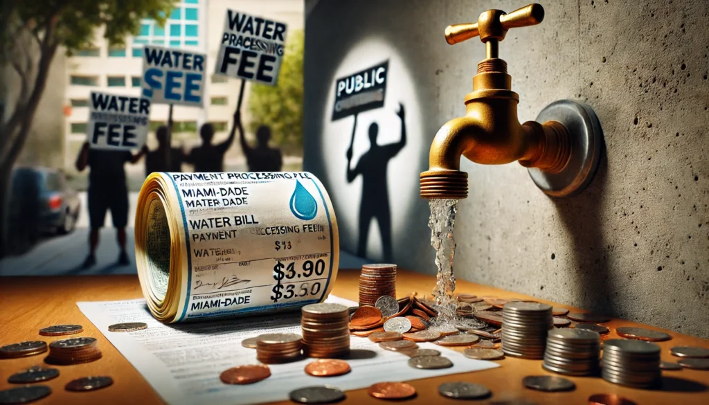 Aumento a 5$ más en tarifas del (WASD) 1 DALL·E 2025 01 16 14.08.43 An impactful photograph symbolizing public controversy over a newly introduced payment processing fee by Miami Dades Water Department. The scene feat