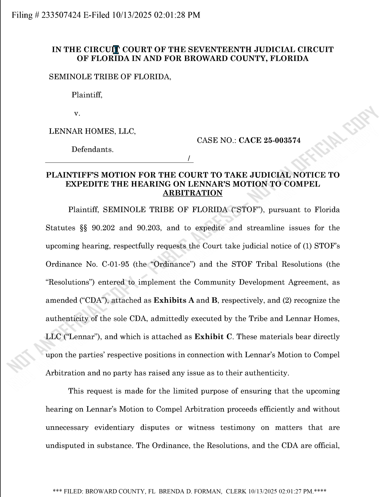 Un juez de Florida frena el arbitraje de Lennar: el impactante caso de más de 340 casas (inhabitables) de la Tribu Seminole